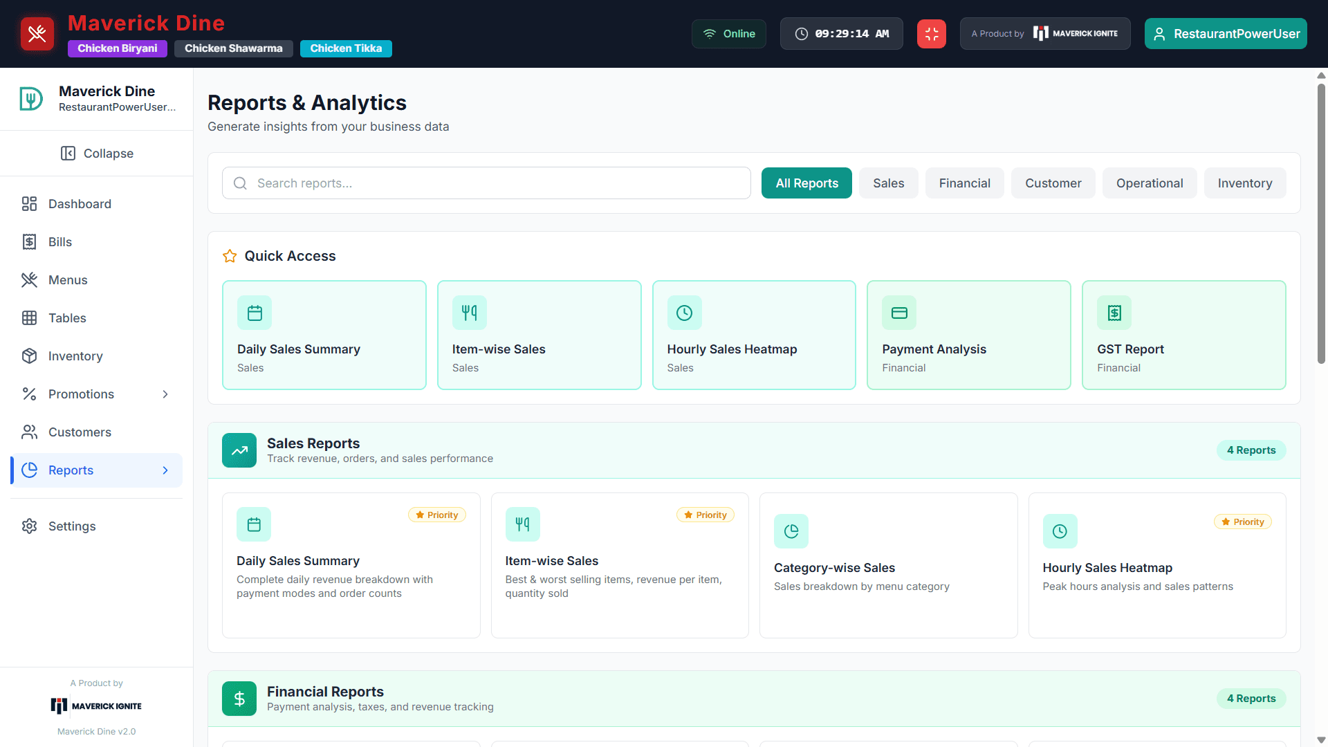 Reports & Analytics in Maverick Dine